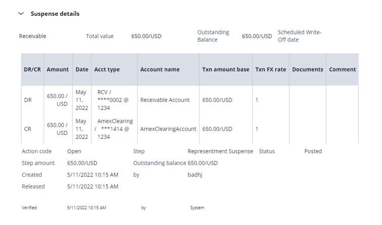 In the suspense details screen, the issuer verifies the representment suspense open status with chargeback amount.