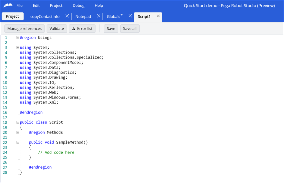 Editor for the script component to add C# code methods.