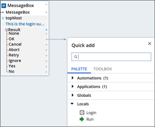 Palette and Toolbox controls available in the Quick add dialog box that displays when you drag a pointer from a port to the Automation Surface.