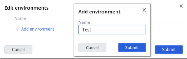 Dialog for adding environment, overlaid on Edit environments window.