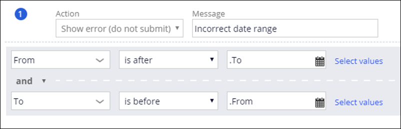 Validation condition with an error message that appears when the user tries to submit a date range that has a From date set after the To date, and the To date set before the From date.