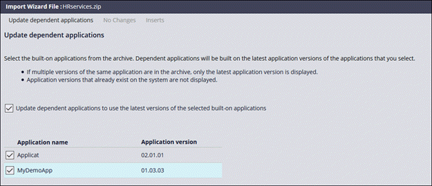 Selecting built-on applications in the Import wizard