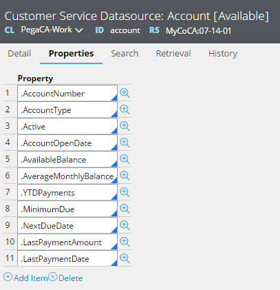 List of Customer Service Datasource properties