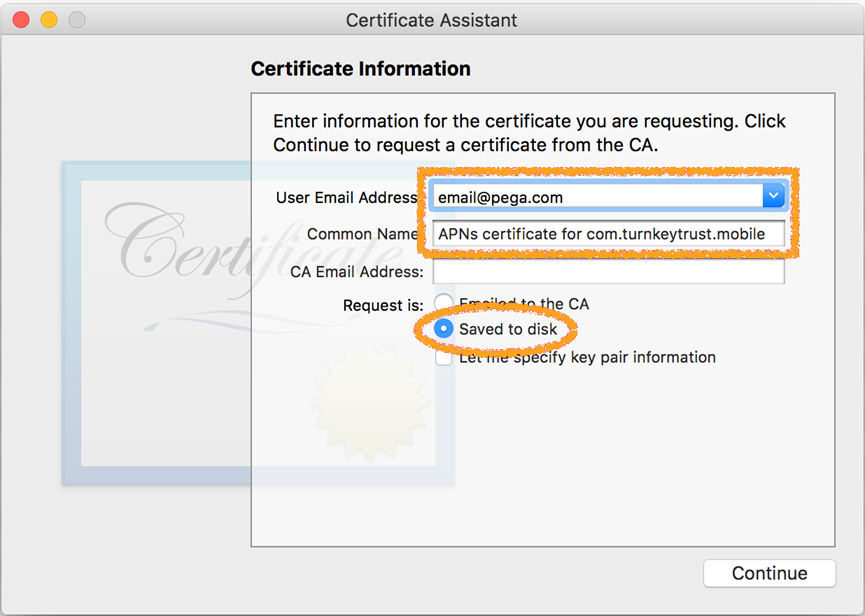 Certificate Information screen