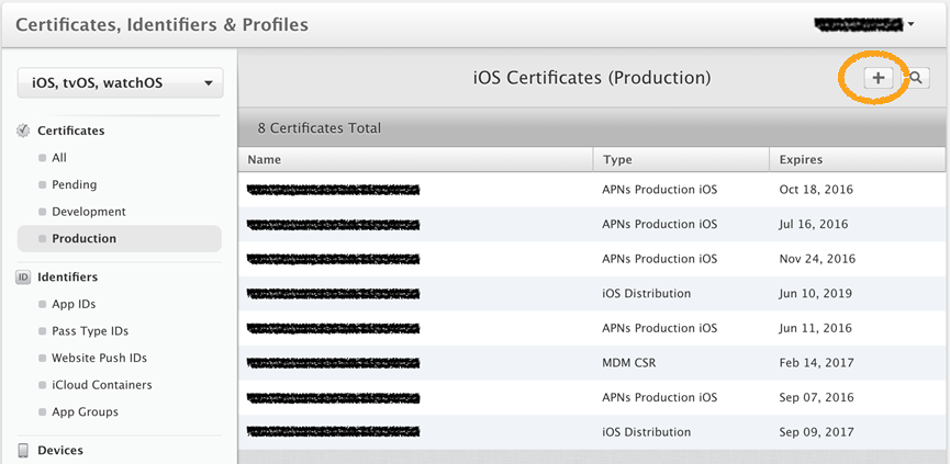 Certificates, Identifiers and Profiles screen