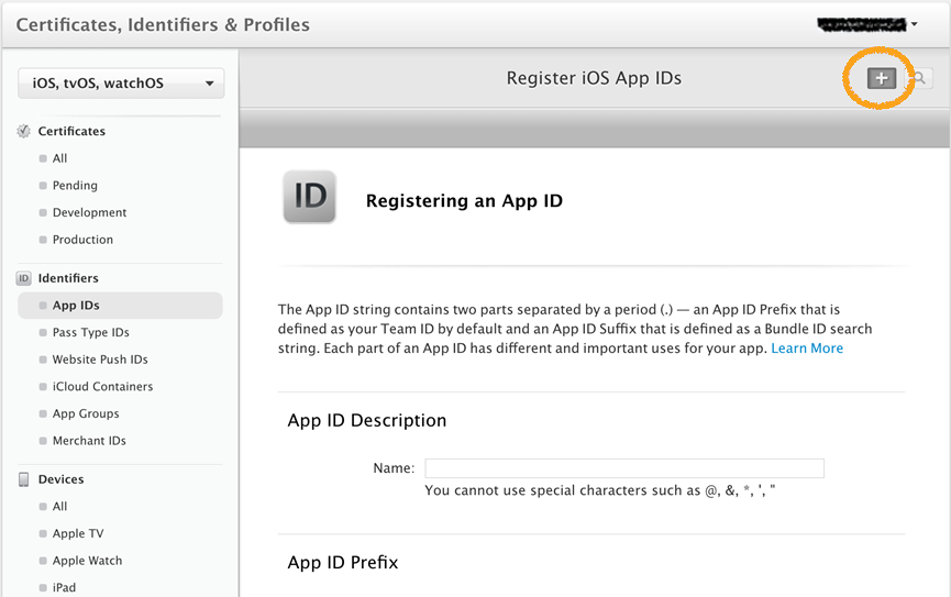 Register an App ID screen