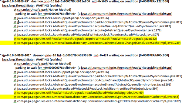 Java thread dump stack calls showing error condition