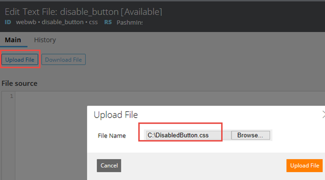 CSS file identified in the Upload File modal dialog box