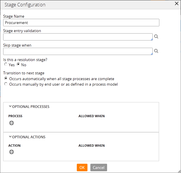 The Stage Configuration dialog box