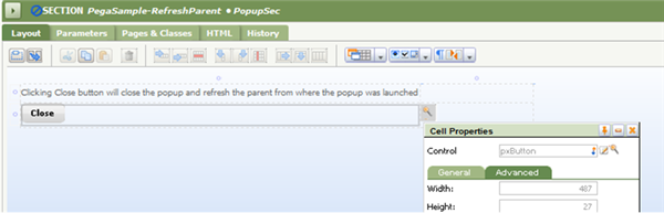 Section Layout with Control pxButton for Close pop-up