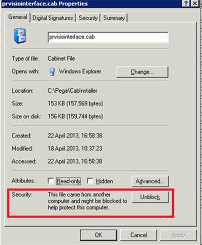 Sample file Properties showing file as blocked