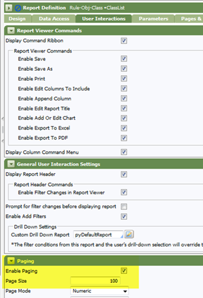 Report Definition, User Interaction, Paging, Enable Paging checkbox
