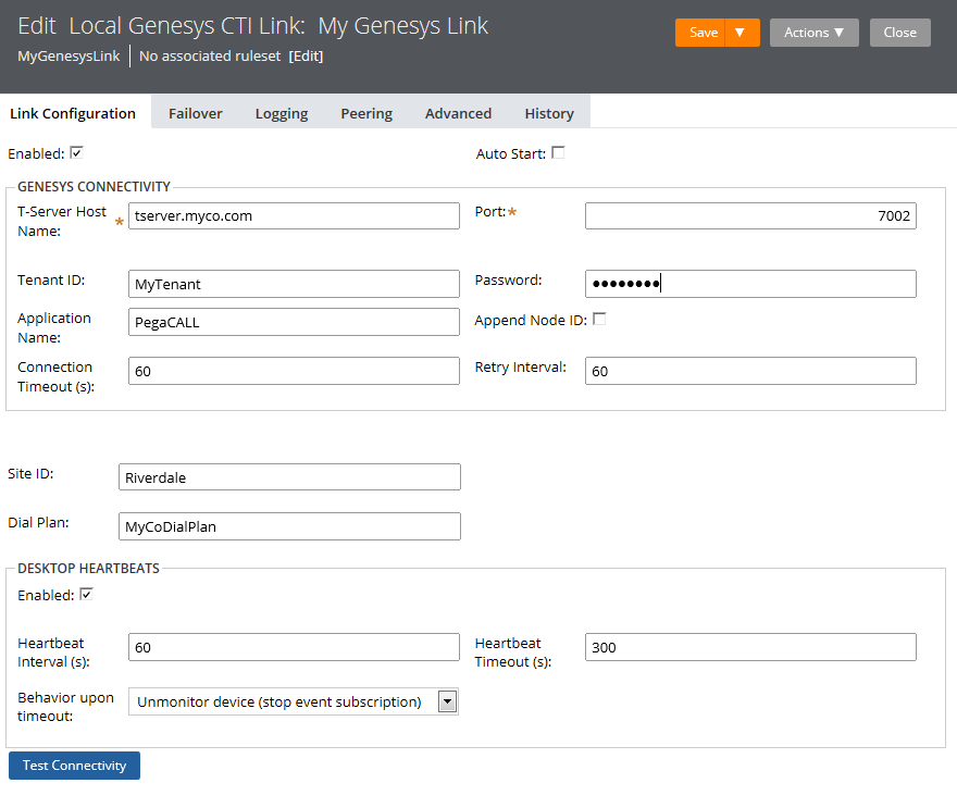 Link Configuration page for the Local Genesys CTI Link