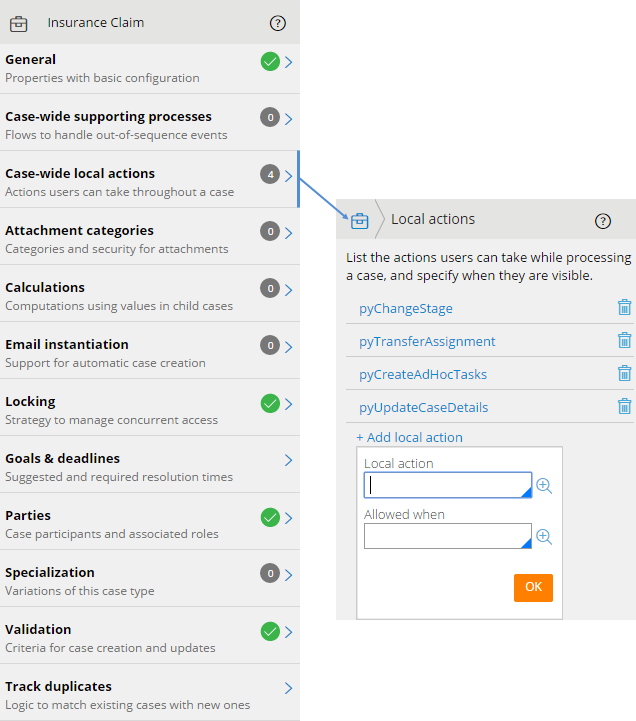 Configuring a case-wide local action in the contextual property panel