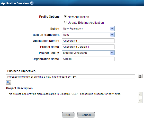 Application Overview window for Onboarding application