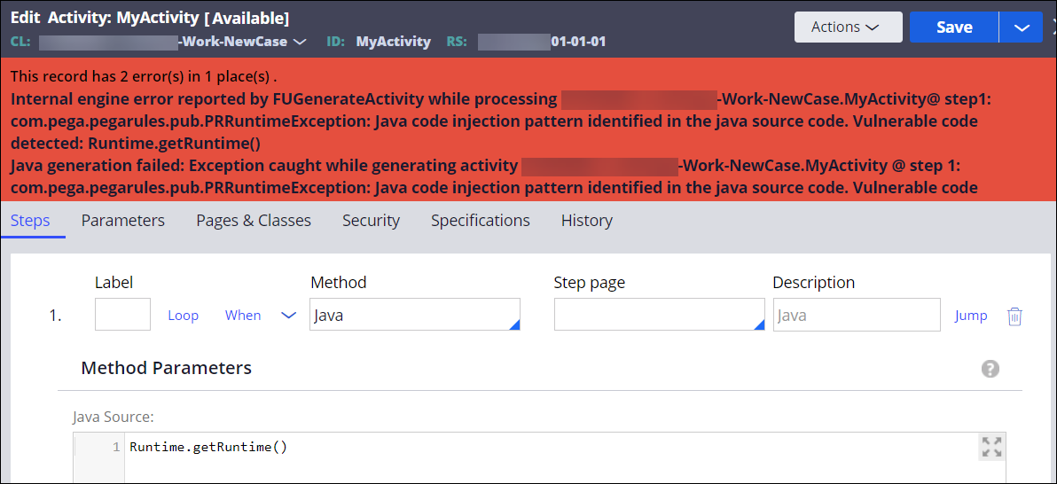 Design-time notification of Java injection vulnerability