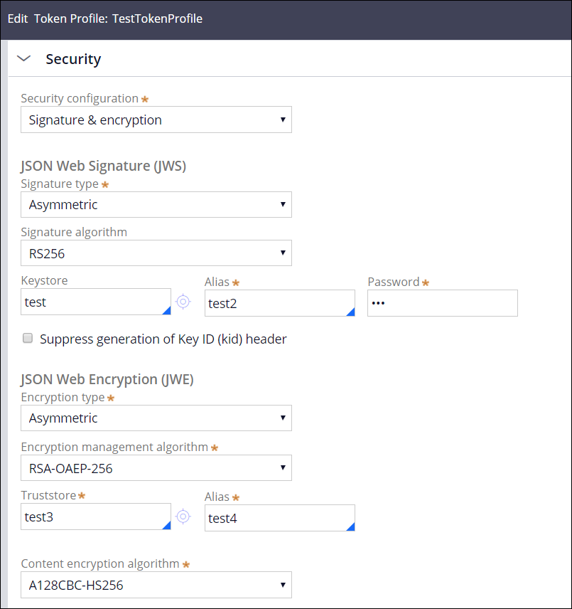 Token profile example with new fields for signature and encryption enhancements