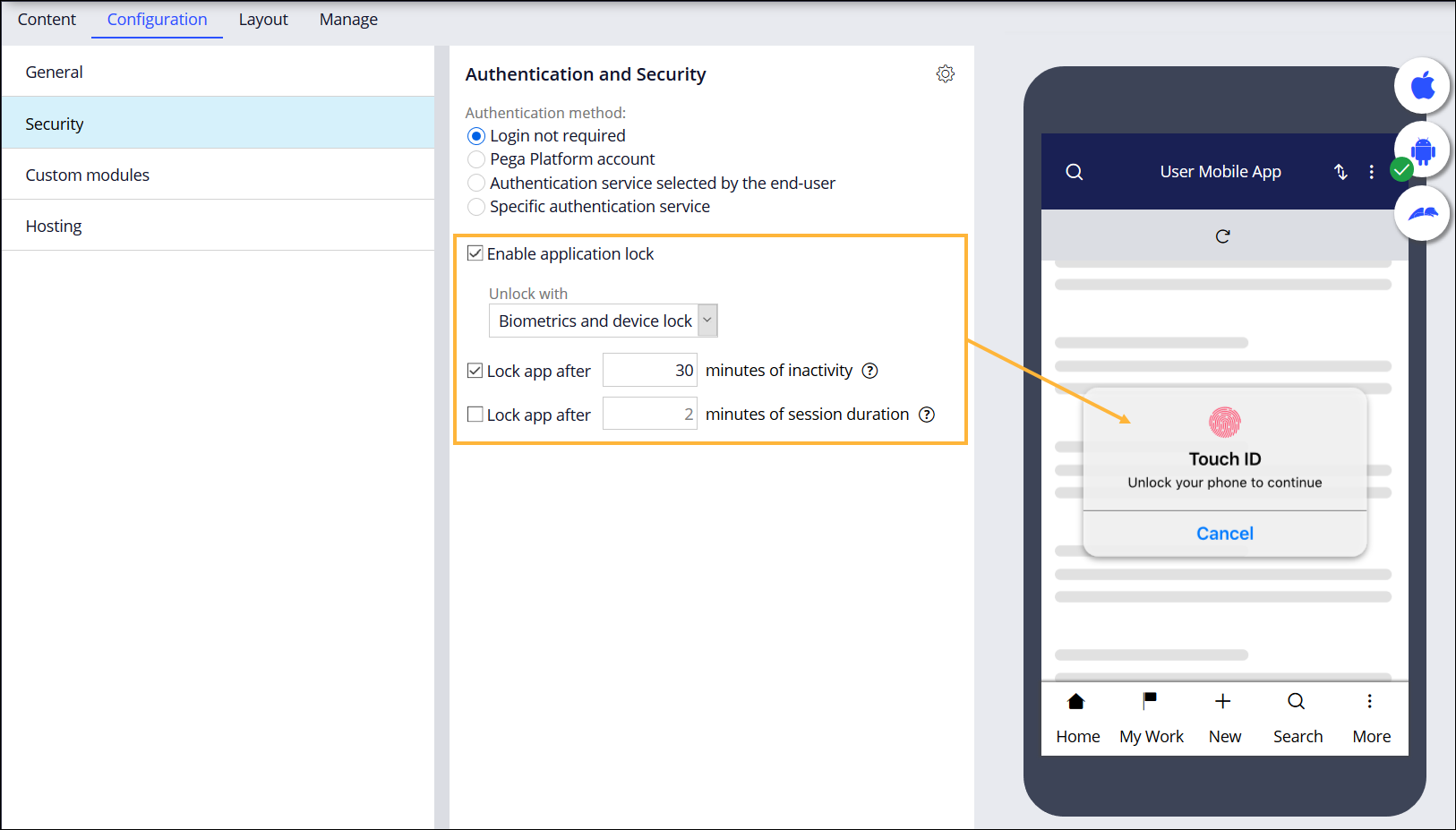 Authentication and locking settings