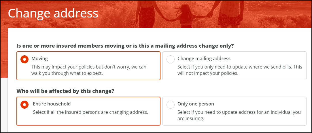 Select reason for changing address