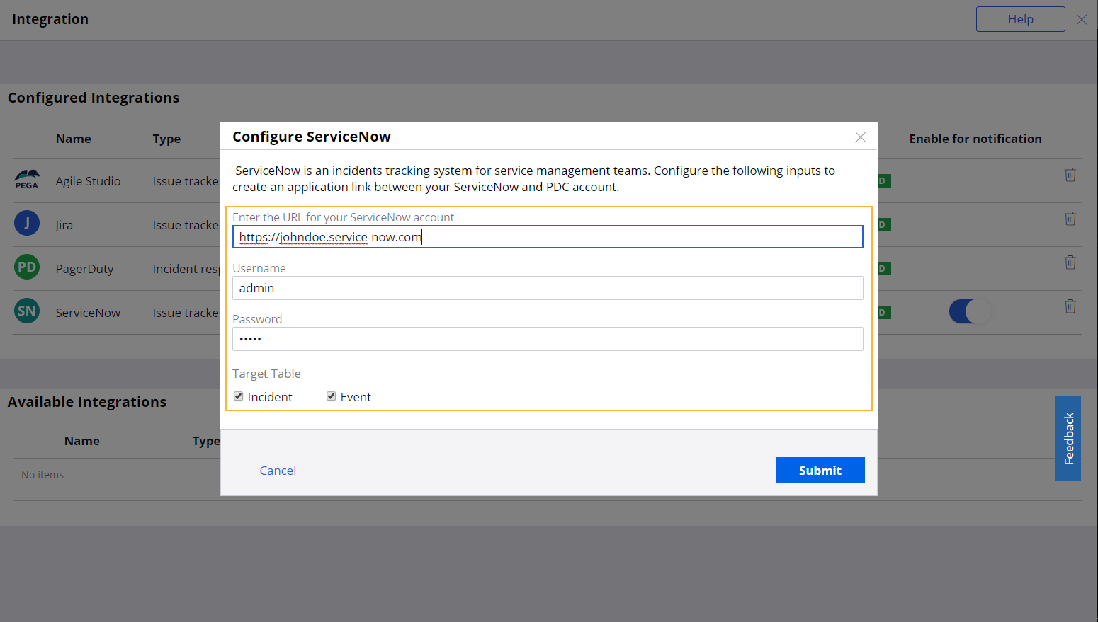 "Configure ServiceNow window with an example configuration of ServiceNow integration"