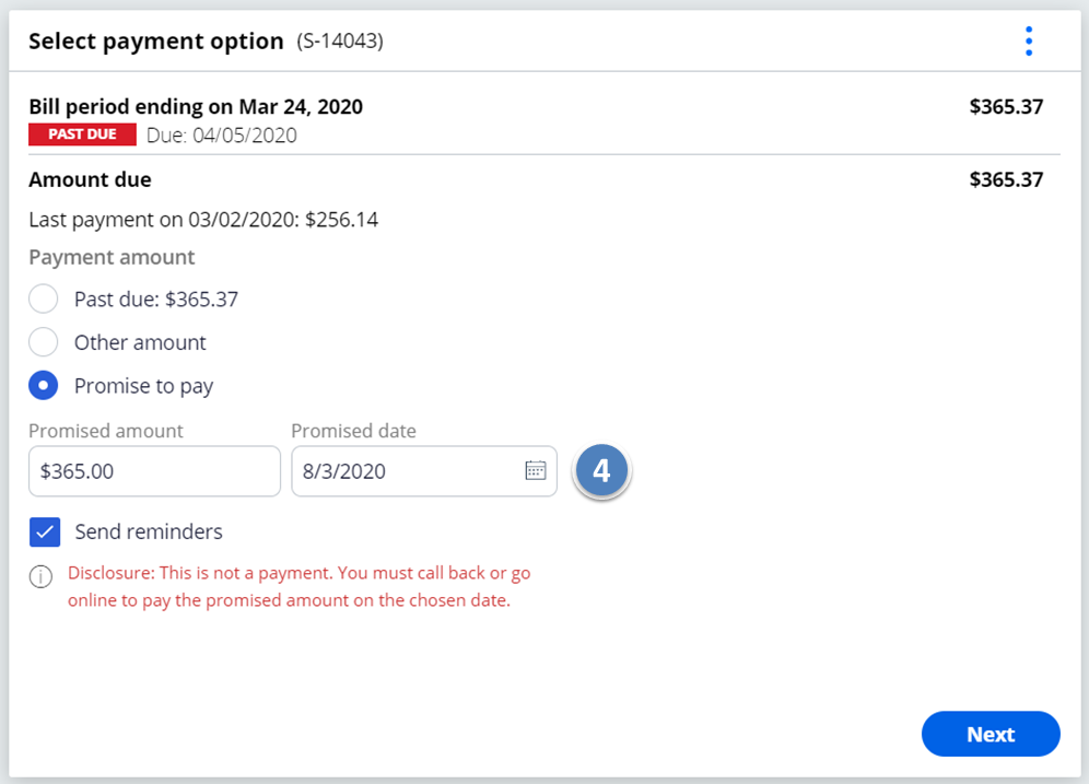 Select payment option that shows the promise to pay option selected with promised amount and promised date
