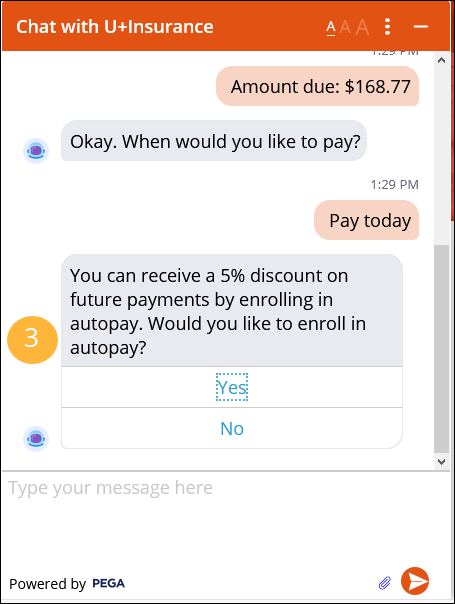The chatbot offers the customer a discount as an incentive to enroll in autopay