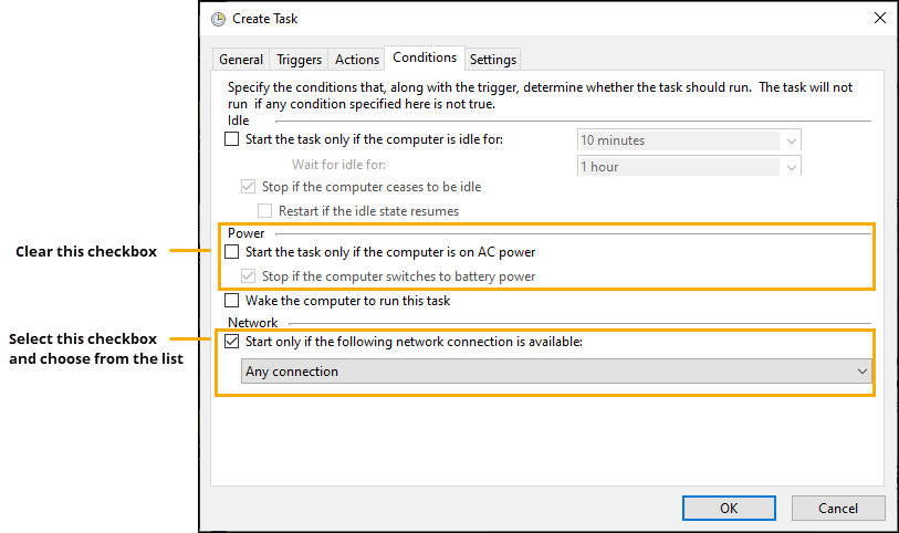 "Conditions tab for Create Task"