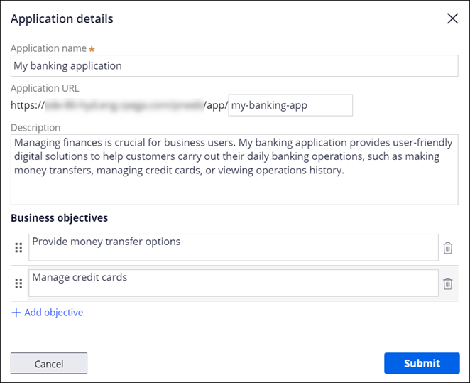Application details dialog box with sample information provided