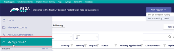 Click the Cloud icon from the left-hand navigation pane of My Support Portal to open My Pega Cloud.