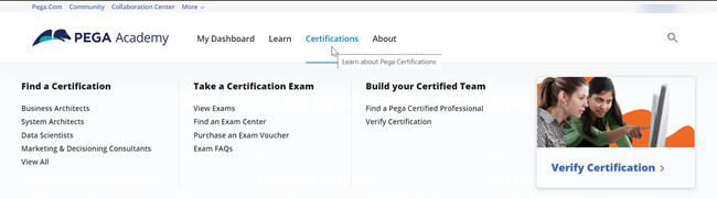 The Pega Academy Certifications page offers a menu of choices for using certifications in many ways. 