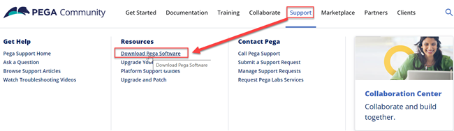 From the Pega Community Support menu, see Resources and click Download Pega Software.