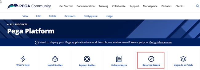 From the Pega Community Documentation menu, go to Documentation and the Pega Platform product page to see the icon for Resolved Issues.
